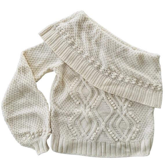 Intermix Women's Small Cable Knit One Shoulder Wool Sweater Neutral Knitwear - Picture 2 of 7